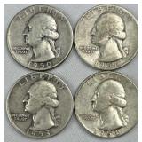 (4) 1950-1954 Silver Washington Quarters, 90%