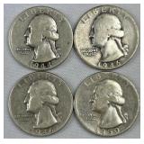 (4) 1944-1950 Silver Washington Quarters, 90%