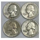 (4) 1947-1957 Silver Washington Quarters, 90%