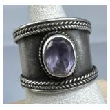 925 Silver Wide Rope Edged Band Amethyst Ring