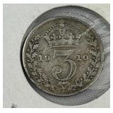 1910 Great Britain Silver 3 Pence Coin