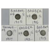 (5) 1905-1913 Silver Barber Dimes, All Different