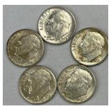(5) 1948-1964 Silver Rosevelt Dimes, US 90%