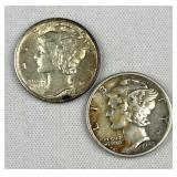 (2) Mercury Silver Dimes, 1942-43 WWII Era 90%