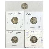 (5) Mercury Silver Dimes, 1927-44 US 90%
