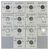 (14) 1899-1916 Silver Barber Dimes, All Different