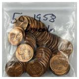 (50) 1958 Lincoln Wheat Cents, Gem BU
