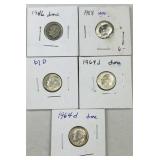 (5) 1946-64 Roosevelt Silver Dimes, US 90%