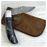 Damascus Steel Folding Blade Knife w/ Sheath