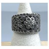 925 Silver Wide Band Flower Design Marcasite Ring