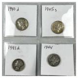 (4) 1940s Mercury Silver Dimes, US 90%