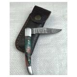 Damascus Steel Folding Blade Knife w/ Sheath
