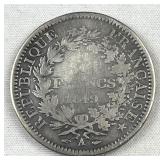 1849 France Silver 5 Francs Coin (Lg. Coin)