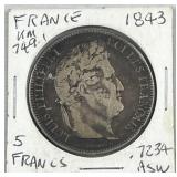 1843 France Silver 5 Francs Coin (Lg. Size)