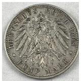 1908 German States - Prussia Silver 5 Mark (Lg)
