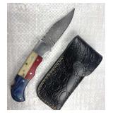 Damascus Steel TX Folding Blade Knife w/ Sheath