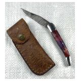 Damascus Steel Folding Blade Knife w/ Sheath