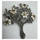 925 Silver Vtg Mother of Pearl Marcasite Tree Broo