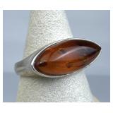 925 Silver Long Oval-Cut Amber Thin Band Ring