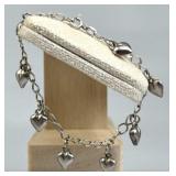 925 Silver Italy Vtg. Dangling Heart Charm Bracele