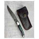 Damascus Steel Folding Blade Knife w/ Sheath