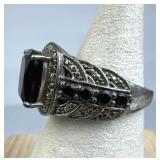 925 Silver Black Tourmaline Art Deco Style Ring
