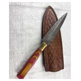 Damascus Steel Fixed Stilletto Knife w/ Sheath