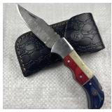 Damascus Steel TX Folding Blade Knife w/ Sheath