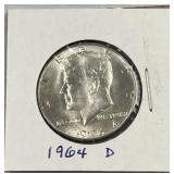 1964-D JFK 90% Silver Half Dollar, US 50c Coin