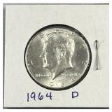 1964-D JFK 90% Silver Half Dollar, US 50c Coin