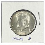 1964-D JFK 90% Silver Half Dollar, US 50c Coin