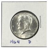 1964-D JFK 90% Silver Half Dollar, US 50c Coin