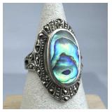 925 Silver Oval Abalone Shell Marcasite Ring