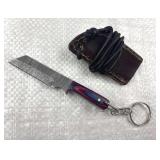 Damascus Steel Mini Tanto Keychain Knife w/ Sheath
