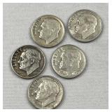 (5) 1948-64 Roosevelt Silver Dimes, US 90%