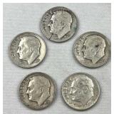 (5) 1948-64 Roosevelt Silver Dimes, US 90%