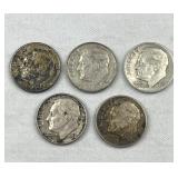 (5) 1948-64 Roosevelt Silver Dimes, US 90%