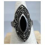 925 Silver Vtg Marquise-Cut Black Onyx Ring