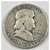 1951-D Franklin Silver Half Dollar, US 90%