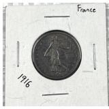 1916 Silver France 1 Franc Coin, Dark/Blue Tone