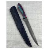 Damascus Steel Long Fillet Blade Knife w/ Sheath