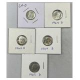 (5) 1962-64 Roosevelt Silver Dimes, US 90%