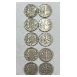 (10) 1948-64 Roosevelt Silver Dimes, US 90%