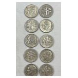 (10) 1948-64 Roosevelt Silver Dimes, US 90%