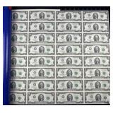 (32) US $2 Bills Uncut Sheet, US Bureau of P&E