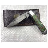 Damascus Steel Folding Blade Knife w/ Sheath