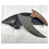 Damascus Steel Fixed Sickle Blade Knife w/ Sheath