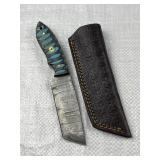 Damascus Steel Fixed Tanto Blade Knife w/ Sheath