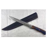 Damascus Steel Long Fillet Blade Knife w/ Sheath