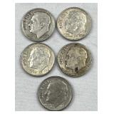 (5) 1948-64 Roosevelt Silver Dimes, US 90%